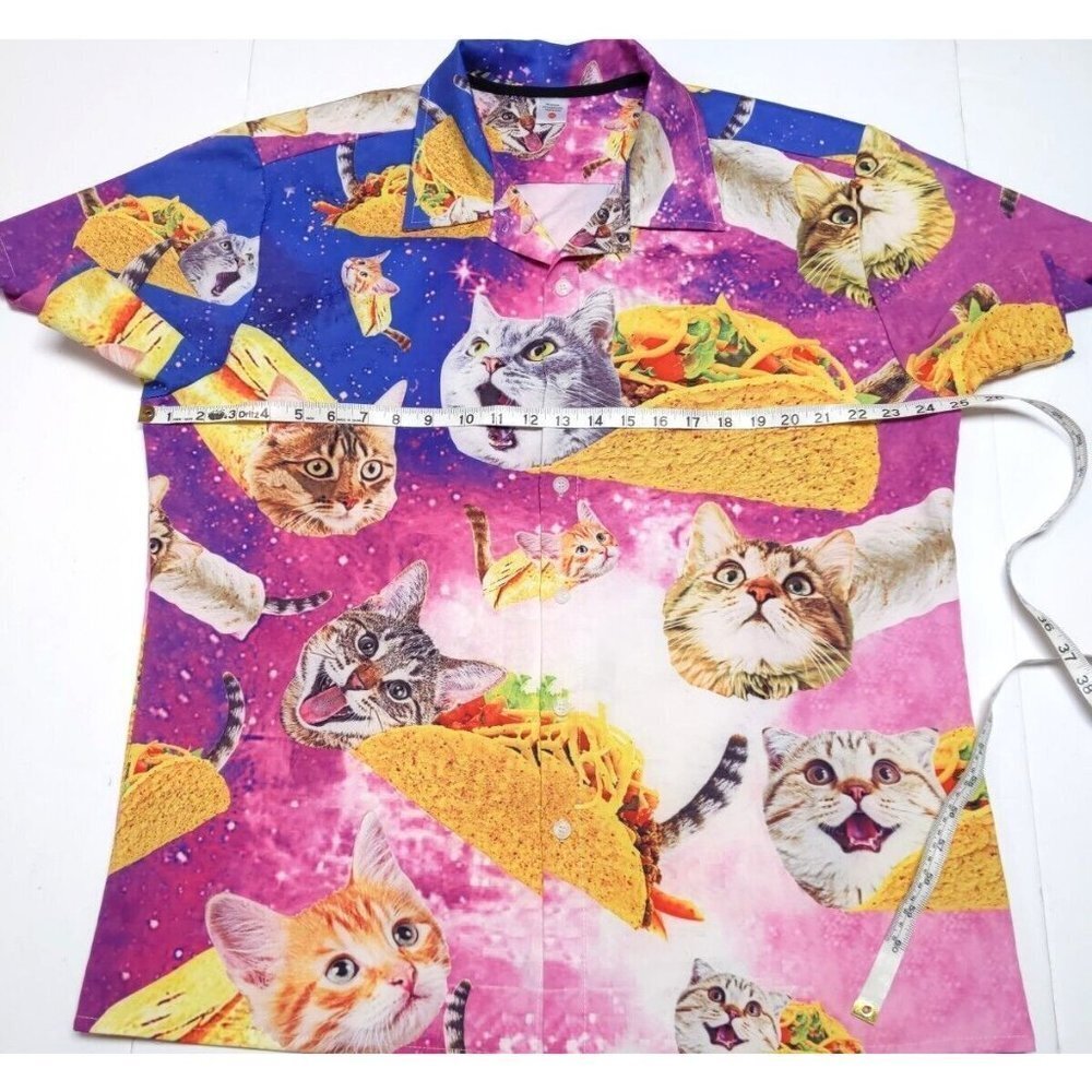 Novelty Cat & Taco Print Short Sleeve Button-Down Shirt - Pink/Blue - Picture 7 of 14